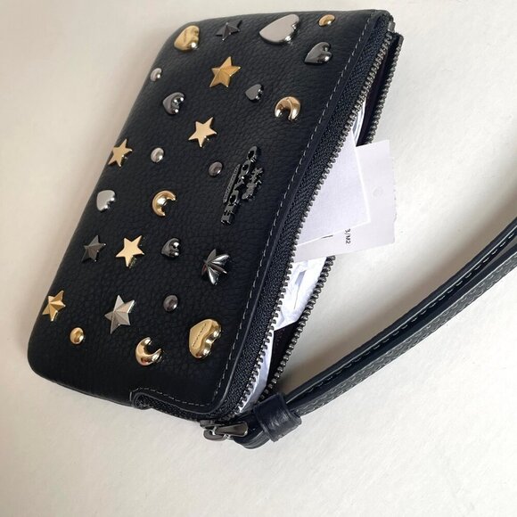Coach Corner Zip Wristlet CCJ75 Black Leather Moon Stars Hearts Rivets Wallet - Picture 5 of 11